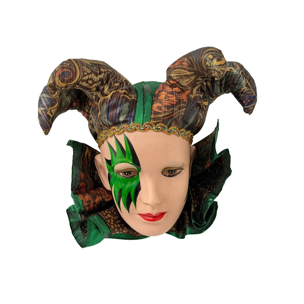 Venetian Jester Ceramic Wall‎ Mask Green Gold Paisley Harlequin Mardi Gras Decor